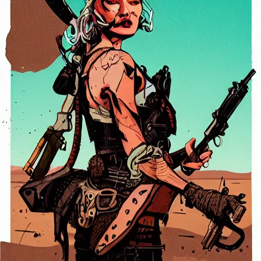 Image similar to a comic noir illustration of a wild western woman hunting in a post - apocalyptic desert, mad max, by queens of the stone age, by sachin teng, 8 k, hyperrealistic, high contrast, dark vibes, pastel lighting, depth of field