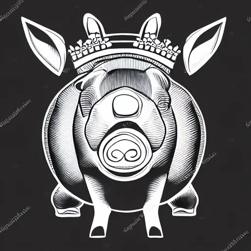 Image similar to full body side view of a pig wearing a crown thick lines black and white logo vector 8k