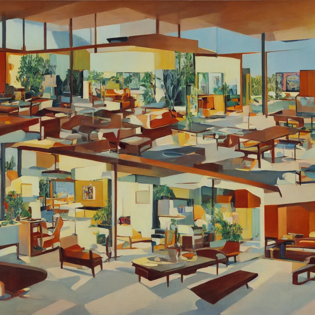 Image similar to an oil painting of the interior of a mid century modern house designed by both frank lloyd right and richard sera in palm springs