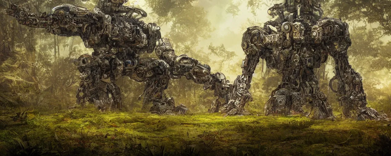 Image similar to ancient biomechanical mecha embedded in the ground, biomechanical aztec landscape in forest, concept art, 4 k, matte painting