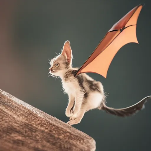 Prompt: a bat kitten with wings, Canon EOS R3, telephoto, very detailed, 4k