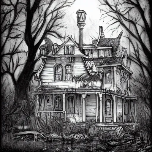 Image similar to spooky swamp mansion, black and white, pencil illustration, comic art, artstation