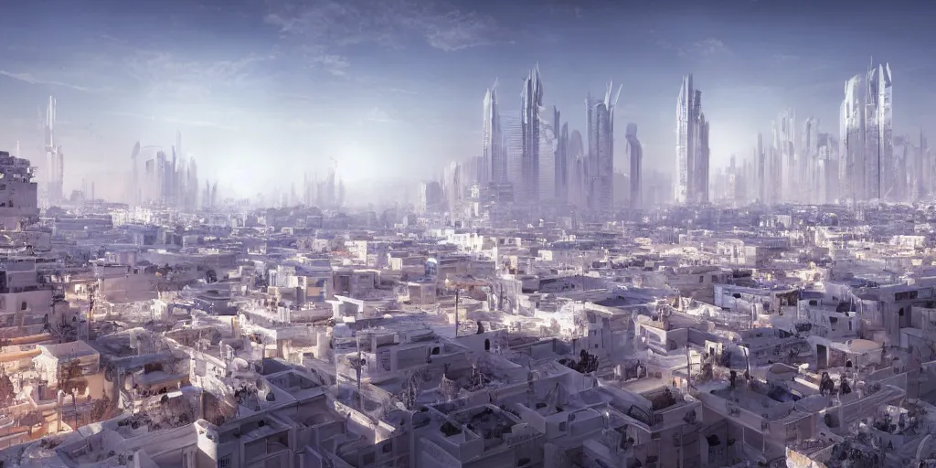 Image similar to Moroccan city, white buildings, by Leon Tukker, Makoto Kobayashi, synthetic light, people on the streets, utopia, perfect, futuristic, 8k high detail, masterpiece, trending on ArtStation