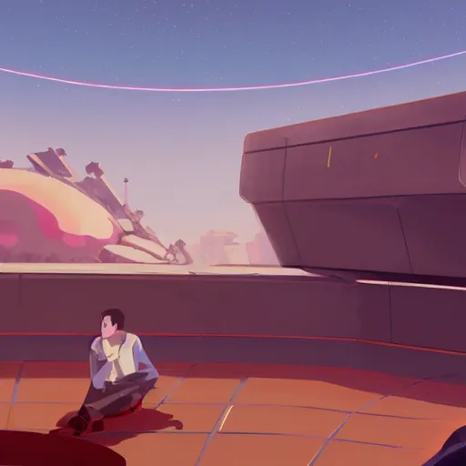 Image similar to Illustration of the secret meeting between Elon Musk, Jeff Bezos and Mark Zuckenberg to create the great simulation by Makoto Shinkai and James Gilleard