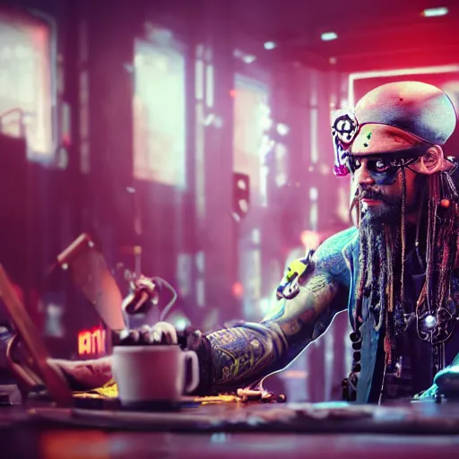 Image similar to high quality portrait of a pirate with four arms in a cyberpunk cyberpunk cyberpunk cafe, realism, 8k, award winning photo