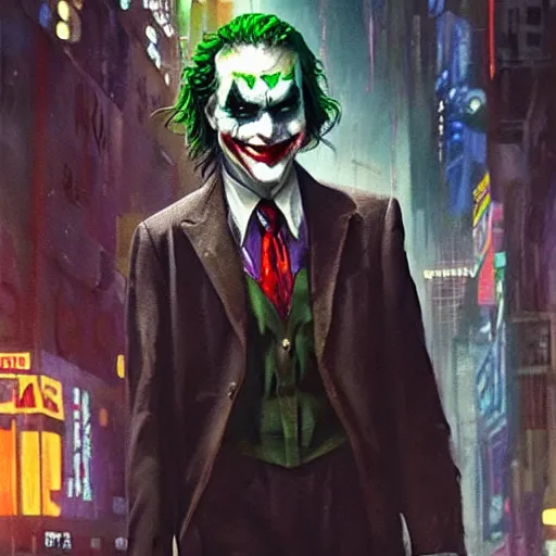 Prompt: oil painting of the joker in cyberpunk gotham city. the joker has a smirk on his face with a grenade in his hand