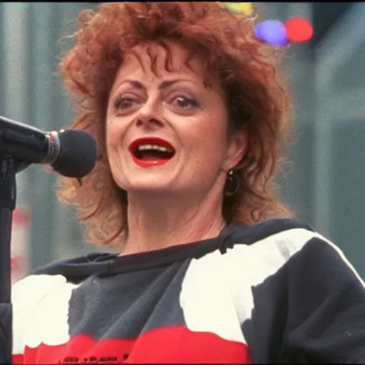 Prompt: 1 9 9 0 s video still of susan sarandon, wearing hip hop urban clothing, rapping on stage at a small outdoor concert, vhs artifacts