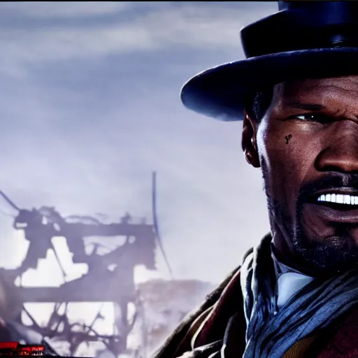 Image similar to Jamie Foxx as Django from Django Unchained in 'Gears of War', splash art, movie still, cinematic lighting, detailed face, dramatic, octane render, long lens, shallow depth of field, bokeh, anamorphic lens flare, 8k, hyper detailed, 35mm film grain