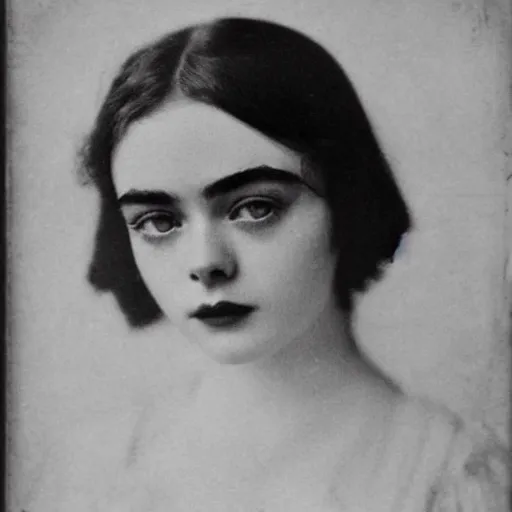 Prompt: headshot edwardian photograph of elle fanning, lily collins, barbara palvin, 1 9 2 0 s film actress, realistic face, 1 9 1 0 s, grainy, victorian, detailed, soft blur