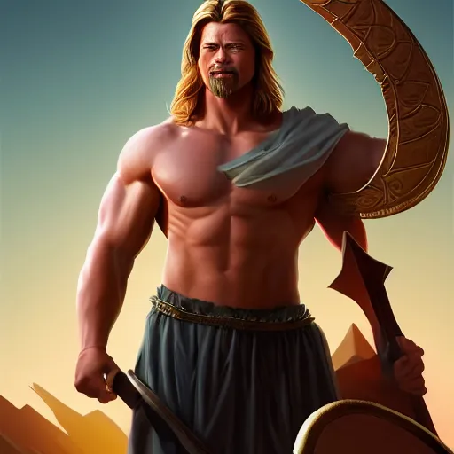 Prompt: upper body illustration of brad pitt as achilles, the greek demigod, strong chest, muscular body, mattepainting concept blizzard pixar maya engine on stylized background splash comics global illumination lighting artstation, sharp focus, lois van baarle, ilya kuvshinov, rossdraws