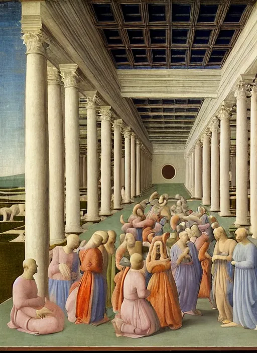 Prompt: renaissance sharp painting of a ethereal room with pastel colors room in central perspective, checkered floor and bright colors in the style of piero della francesca