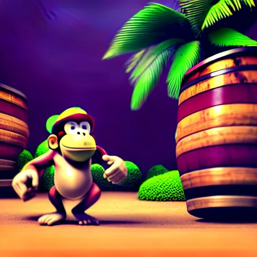 Image similar to Donkey Kong and Diddy Kong surrounded by tropical trees and barrels, 3D render