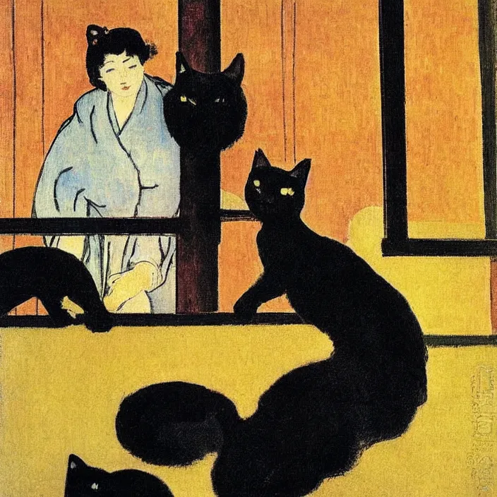 Prompt: couple under a baldachin with city seen from a window frame. fuzzy black cat. henri de toulouse - lautrec, utamaro, matisse, felix vallotton, rene magritte