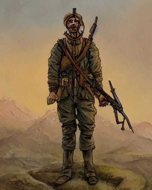 Prompt: a oil / watercolor painting full body character portrait of a accounting rifleman in the style of moebius in the style of leonard boyarsky trending on artstation deviantart pinterest detailed realistic hd 8 k high resolution