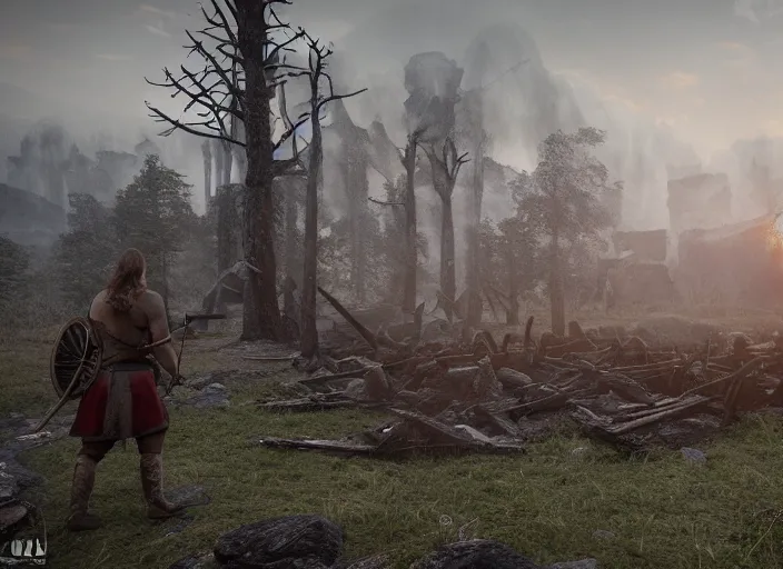 Image similar to a viking and a moose walks in the ruins of a viking village, burnt huts, bodies on the ground, horror, dramatic lighting, dawn, by caspar david friedrich, unreal engine 5