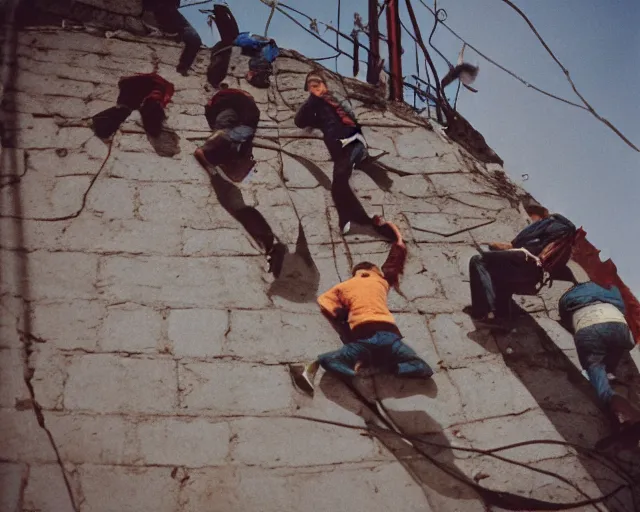 Image similar to lomo photo of basejumpers climbing on roof of soviet hrushevka, small town, cinestill, bokeh, out of focus