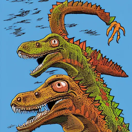 Prompt: a two-headed velociraptor biting a man in half, style of Geof Darrow