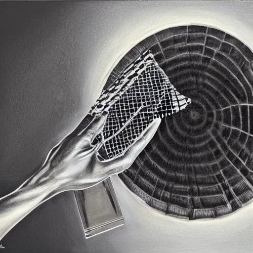 Image similar to hyperrealism painting from the housefly perspective getting swatted at from a man with a fly swatter