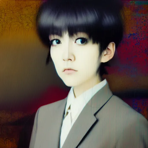 Image similar to yoshitaka amano blurred and dreamy realistic three quarter angle portrait of a young woman with short hair and black eyes wearing office suit with tie, junji ito abstract patterns in the background, satoshi kon anime, noisy film grain effect, highly detailed, renaissance oil painting, weird portrait angle, blurred lost edges