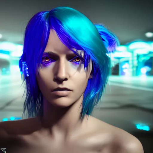 Image similar to a portrait of a cyberpunk woman, blue neon hair, hyperdetailed, rtx, hdr, 3 d render, octabe render, 8 k.