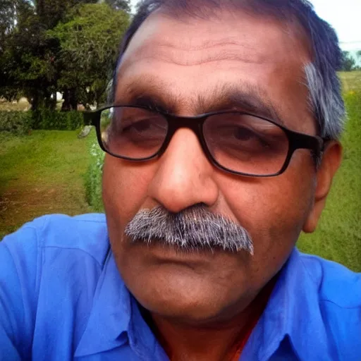 Image similar to my indian dad accidentally taking a selfie with the front camera, squinting because the camera flash is so bright in his face