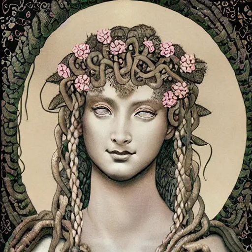 Image similar to detailed, portrait of medusa, beautiful, pretty girl, surrounded by lotus flowers and geometry