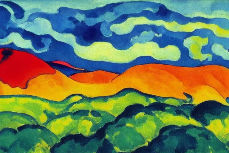Image similar to Landscape painting. Wild energy patterns rippling in all directions. Curves, zig-zags. Organic. Mountains. Clouds. Vegetation. Rushing water. Waves. LSD. Fauvism. Emil Nolde.