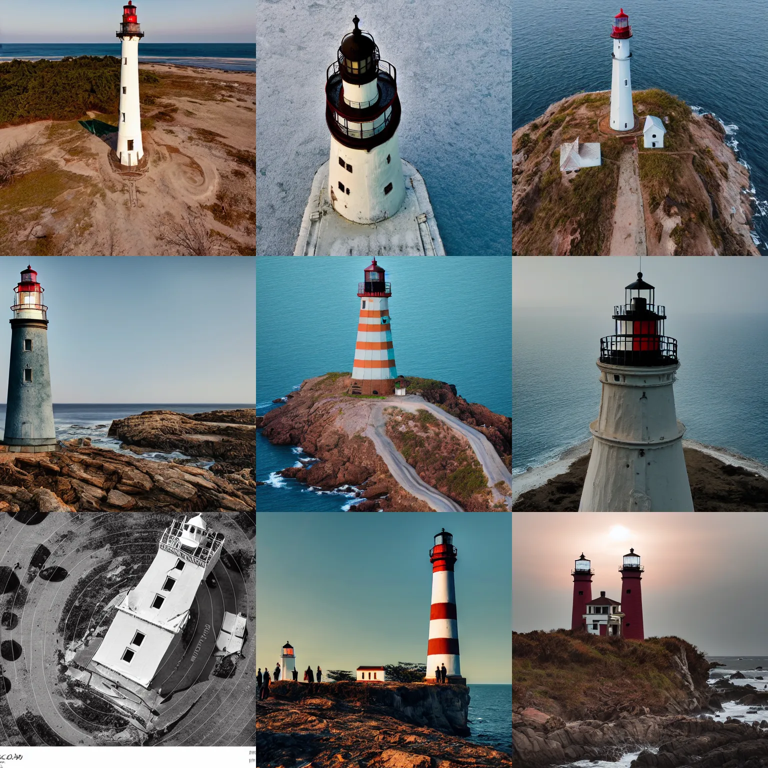 Prompt: a tribe of people worshipping an enormous 1800s lighthouse. Dilapidated lighthouse. Seen from above. Apocalyptic future. 8k. Beautiful lighting. Muted colors. Bright beacon