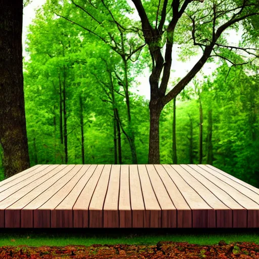 Prompt: square wooden platform built around a tree, realistic, photo,