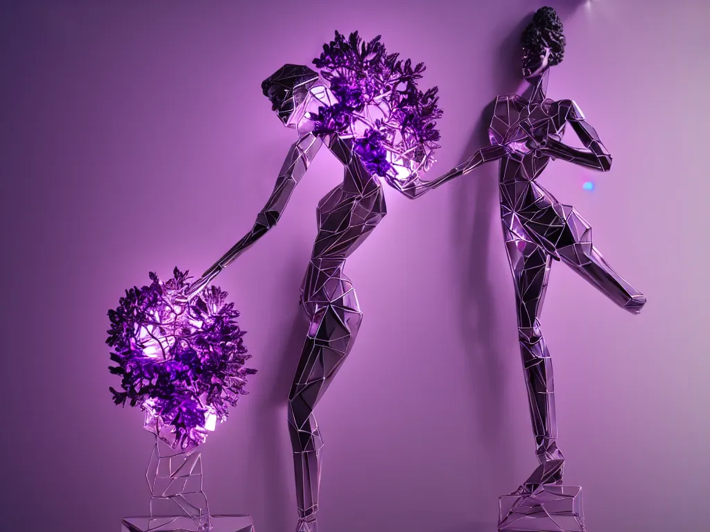 Image similar to beautiful mannequin sculpted out of amethyst by billelis + lit with purple 3 d geometric neon + chrome geometric cubed bonsai plants!!!!, doorway opening with neon pink geometric light, clean linework, dramatic, finely detailed, rule of thirds, moody, confident, award winning, 4 k, trending on artstation, photorealistic, volumetric lighting, octane render