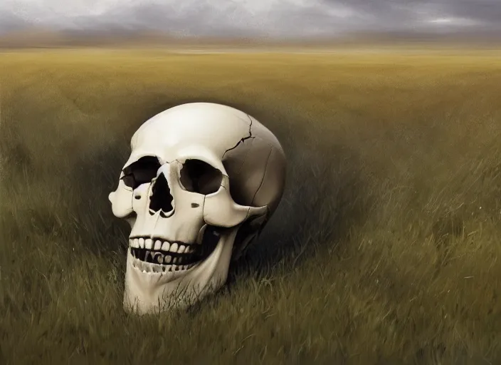 Prompt: painting of a skull in the middle of a field, concept art by senior environment artist, cgsociety, vanitas, apocalypse art, dystopian art, artstation hq