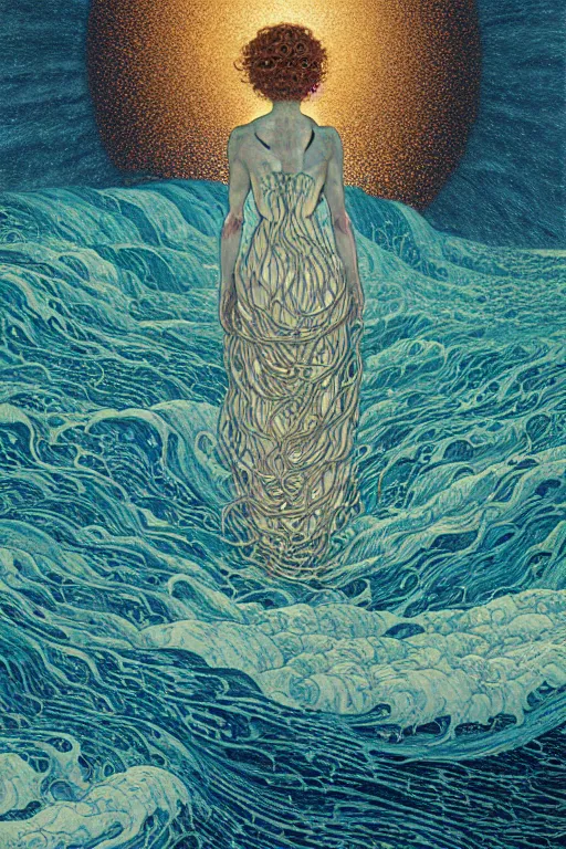 Image similar to a sea witch summoning a giant wave by dan mumford and gustav klimt and john harris and jean delville and victo ngai, highly detailed, photorealism, hyperrealistic