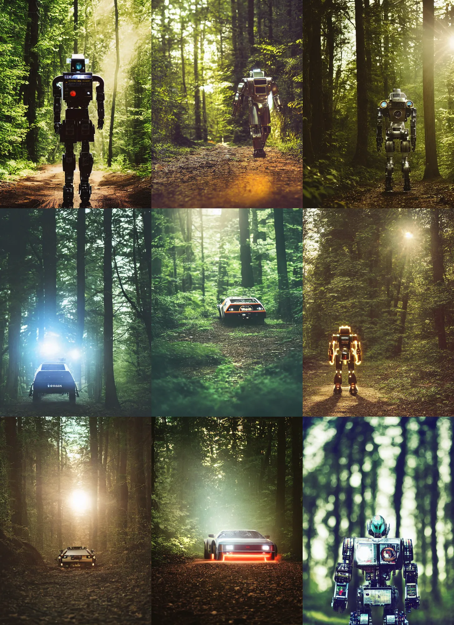 Prompt: a 3 5 mm photo from the back of a rabbit - mecha - robot - delorean - fusion walking in the woods, splash art, movie still, bokeh, canon 5 0 mm, cinematic lighting, dramatic, film, photography, golden hour, depth of field, award - winning, anamorphic lens flare, 8 k, hyper detailed, 3 5 mm film grain