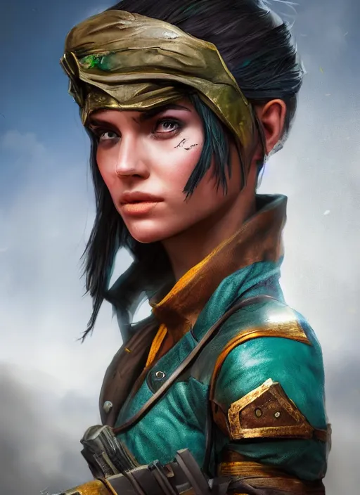 Image similar to A fantasy comic book style portrait painting of a female ranger in a bright post apocalyptic setting, unreal 5, DAZ, hyperrealistic, octane render, RPG portrait, dynamic lighting