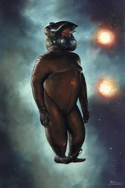 Image similar to portrait of baron harkonnen floating in the air wearing leather spacesuit, detailed, nebula space background, illustration by normal rockwell, artstation character art, john william waterhouse, concept art, greg rutkowski