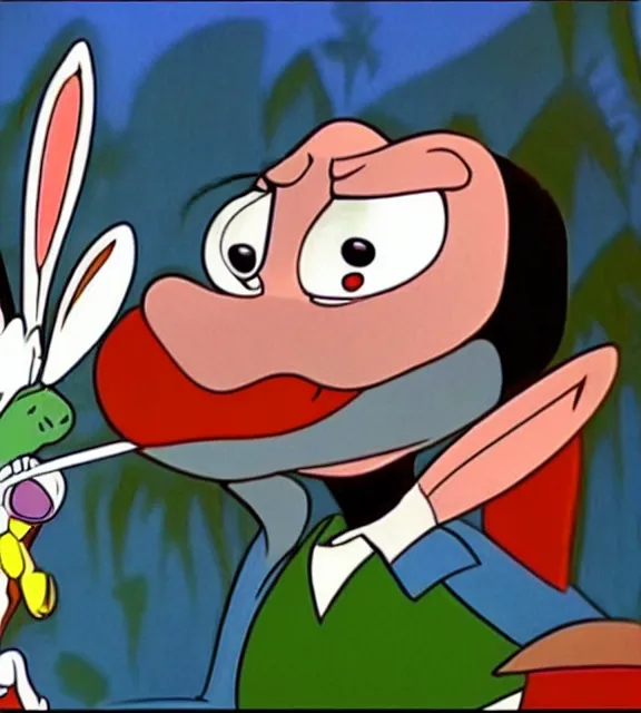 Image similar to red eyes bugs bunny smoking a bong, still from looney tunes