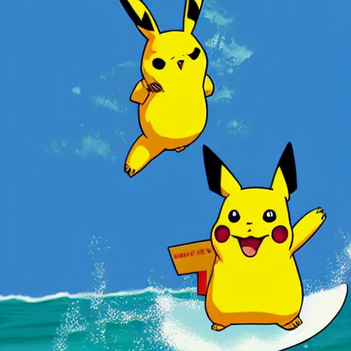 Prompt: chubby pikachu surfing