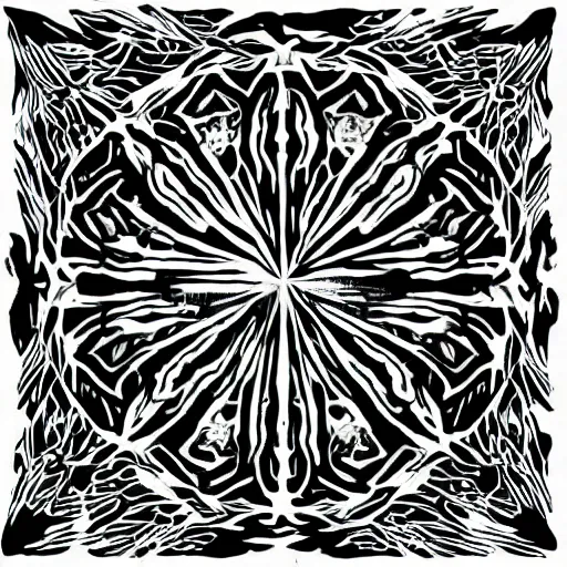 Image similar to high contrast black ink on white paper ball of flames block print illustration