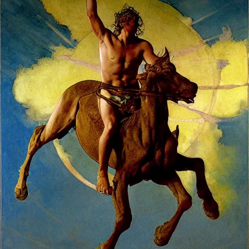 Image similar to Tragic Portrait of Phaethon the Demigod losing control of the reins of the chariot chariot that is the sun careening through the zodiac filled stratosphere. norman rockwell guillem h. poniluppi howard pyle Ilya Repin Michelangelo Buonarotti Leonardo Da Vinci rodin greg rutkowski james gurney. tombow masterpiece fresco watercolor grisaille quadratura Trompe-lœil