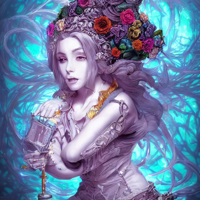 Prompt: the portrait of chaotic evil female necromancer mastermind as absurdly beautiful, gorgeous, elegant, av idol, an ultrafine hyperdetailed illustration by kim jung gi, irakli nadar, intricate linework, bright colors, octopath traveler, final fantasy, unreal engine 5 highly rendered, global illumination, radiant light, detailed and intricate environment