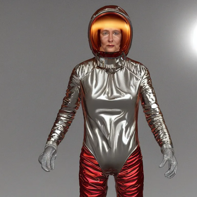 Image similar to octane render portrait by wayne barlow and carlo crivelli and glenn fabry, subject is a woman covered in folded aluminum foil space suit with a colorful metallic space helmet, standing on a red rocky western alien landscape, cinema 4 d, ray traced lighting, very short depth of field, bokeh