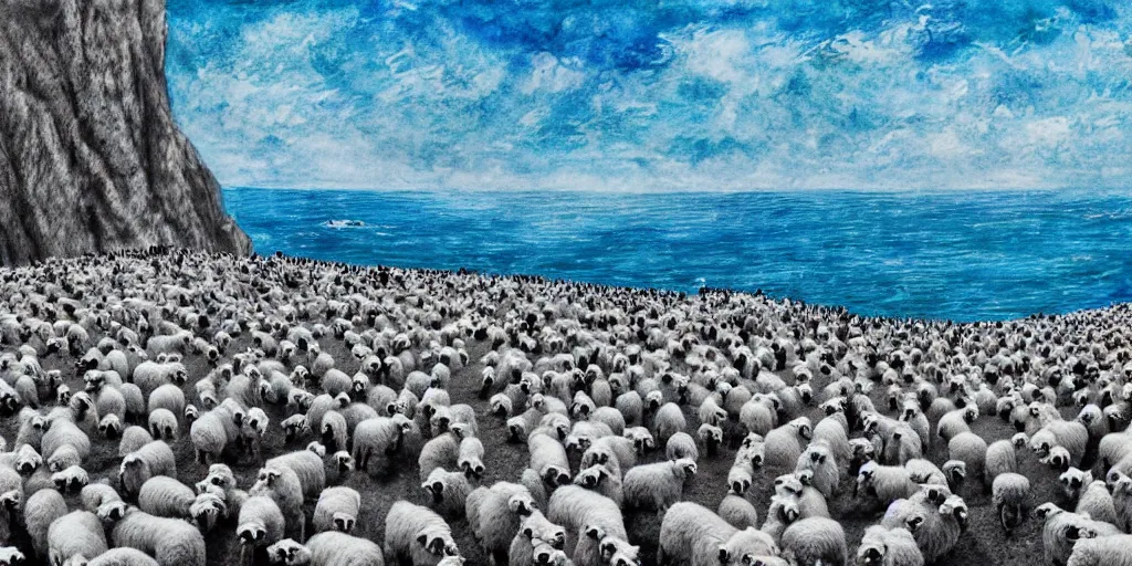Prompt: forty five white sheep running fast in the direction of a cliff made of jagged rock and we can see them falling like lemmings down the rocks below to the sea and facing the crashing white waves, there is one single black sheep going against the crowd, clear blue skies, old colored sketching, lateral sideways panoramic shot