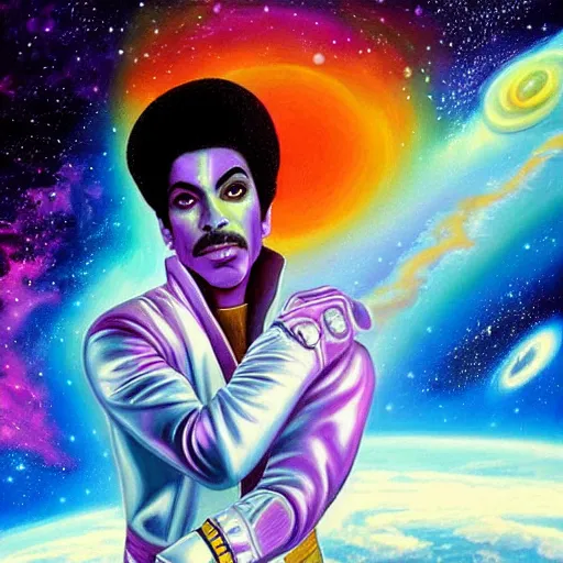 Prompt: a cosmic painting of prince in space. trending on artstation.