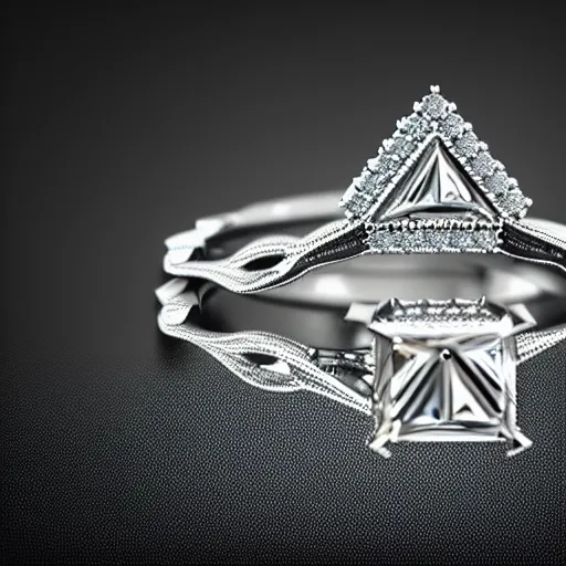 Image similar to photo of a wedding ring with two diamonds outside and one in the middle, photo realistic, hyper detailed, concept art, victorian, multiple angles