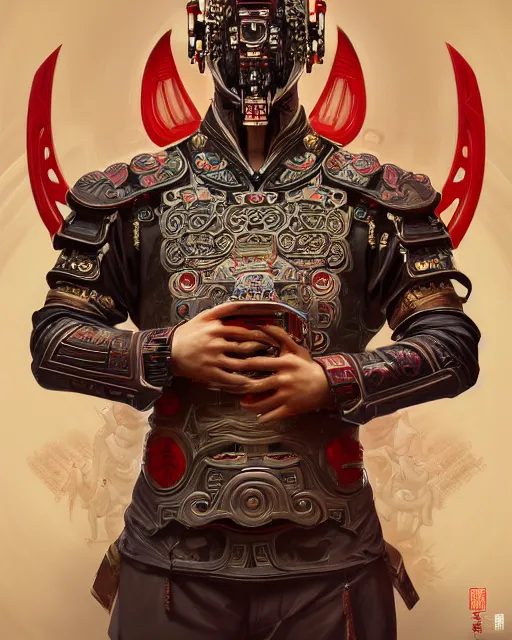 Image similar to portrait of a chinese masculine male cyberpunk machine, machine face, upper half portrait, decorated with chinese opera motifs, muscular, asian, fine china, wuxia, traditional chinese art, intricate, elegant, highly detailed symmetry headpiece digital painting artstation concept art smooth sharp focus illustration, art by artgerm and greg rutkowski alphonse mucha 8 k