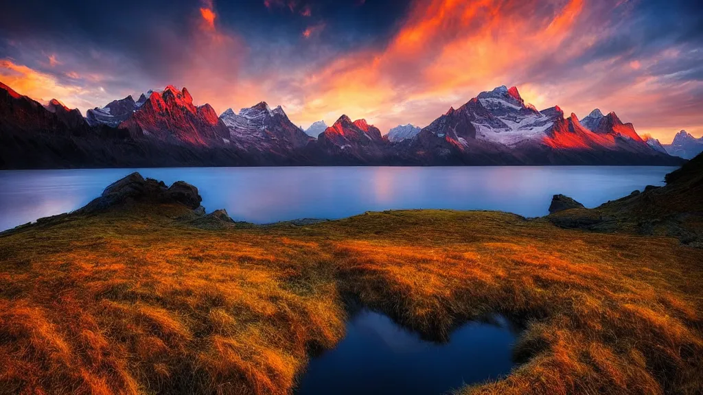 Image similar to amazing landscape photo of mountains with lake in sunset by marc adamus, beautiful dramatic lighting