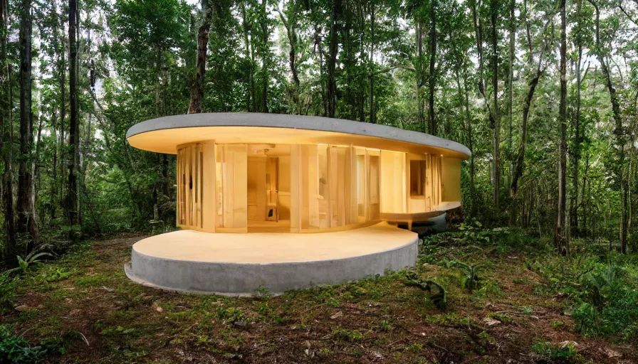 Image similar to A wide image of a full innovative contemporary 3D printed prefab sea ranch style cabin with rounded corners and angles, beveled edges, made of cement and concrete, organic architecture, in a lush green forest Designed by Gucci and Wes Anderson, golden hour