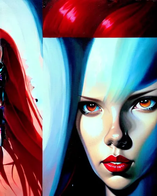 Image similar to peter mohrbacher, phil noto, artgerm, pretty scarlett johansson black widow, symmetrical eyes, long red hair