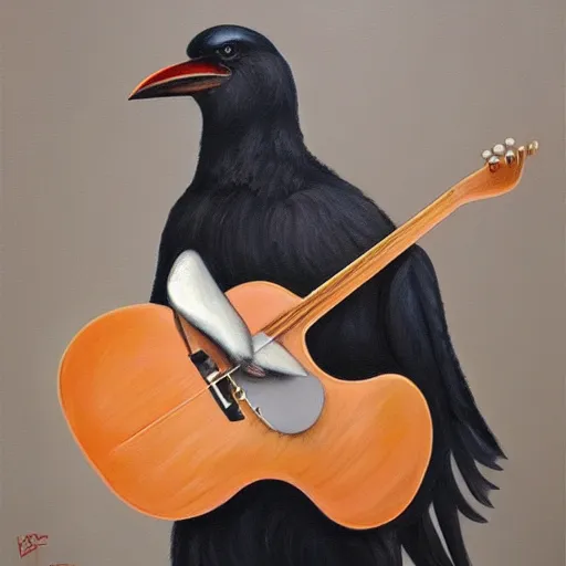 Prompt: oil painting of a photorealistic anthropomorphic crow guitarist, trending on artstation, masterpiece, award winning