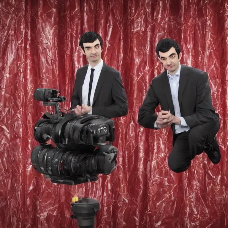 Image similar to focused dslr photograph of hundreds of nathan fielder from nathan for you on comedy central controlling a puppet version of himself filmed by a tv crew on a stage with a red curtain, meta, fractal, trippy, high detail!!! 8 k, photorealism, sharp focus, volumetric lighting, coherent!!! art directed, rule of thirds, face